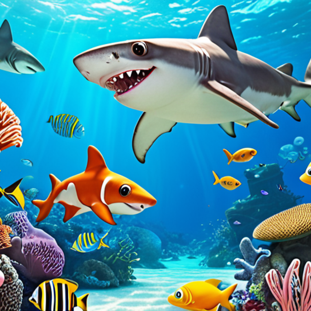 ** Baby Shark
* **Prompt:** A vibrant and playful scene of Baby Shark and his family swimming in a colorful ocean filled with coral reefs and friendly sea creatures. Baby Shark should be smiling and engaging with the viewer. Style: Cartoonish, cheerful, and bright.
**