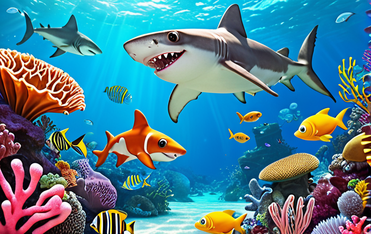 ** Baby Shark
* **Prompt:** A vibrant and playful scene of Baby Shark and his family swimming in a colorful ocean filled with coral reefs and friendly sea creatures. Baby Shark should be smiling and engaging with the viewer. Style: Cartoonish, cheerful, and bright.
**