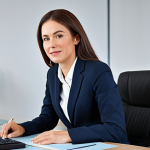 Home 12 핑크퐁의 성공 요인 - A professional businesswoman in a modest business suit, sitting at a desk in a modern office, fully ...