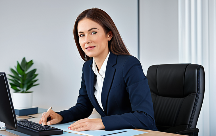 핑크퐁의 성공 요인 - A professional businesswoman in a modest business suit, sitting at a desk in a modern office, fully ...