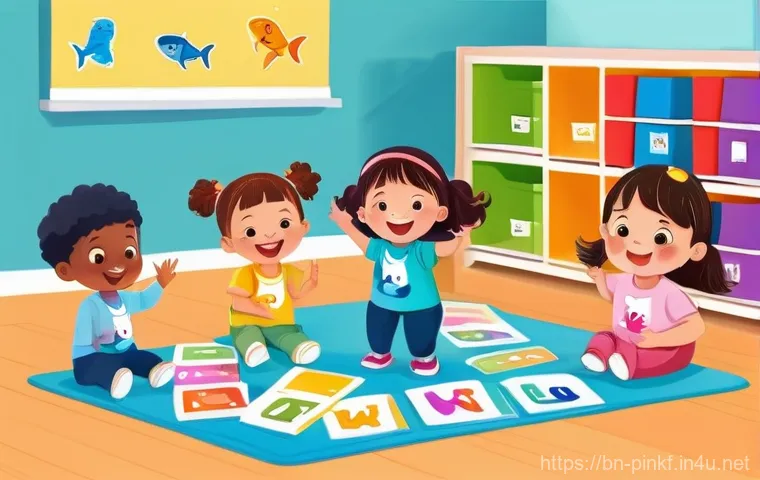 핑크퐁 노래 가사 분석 - **Prompt:** A vibrant and cheerful scene depicting a diverse group of toddlers and preschoolers, age...