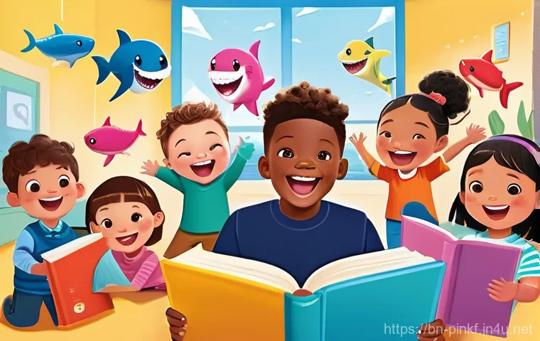 핑크퐁 그림책 추천 - A vibrant, high-quality illustration of a diverse group of happy children, aged 4-6, joyfully singin...