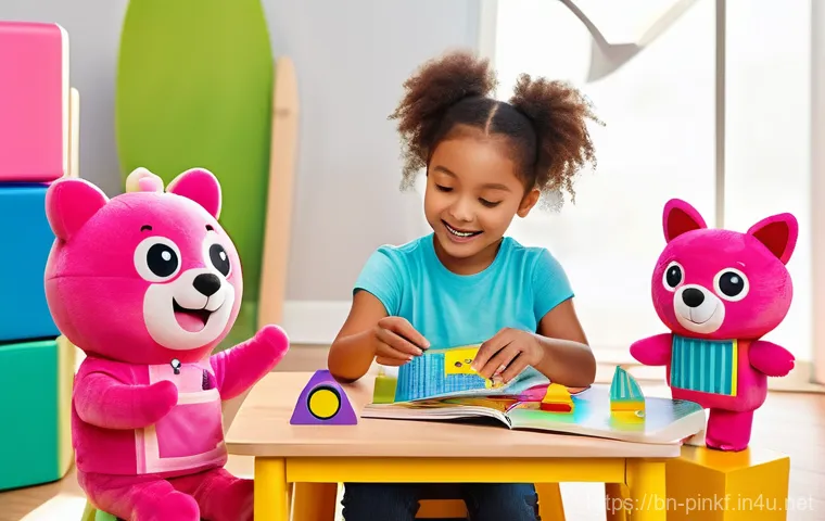 핑크퐁 그림책 추천 - A detailed, cheerful illustration showcasing a 5-year-old child, sitting comfortably at a small, col... 핑크퐁 그림책 추천 - A detailed, cheerful illustration showcasing a 5-year-old child, sitting comfortably at a small, col...